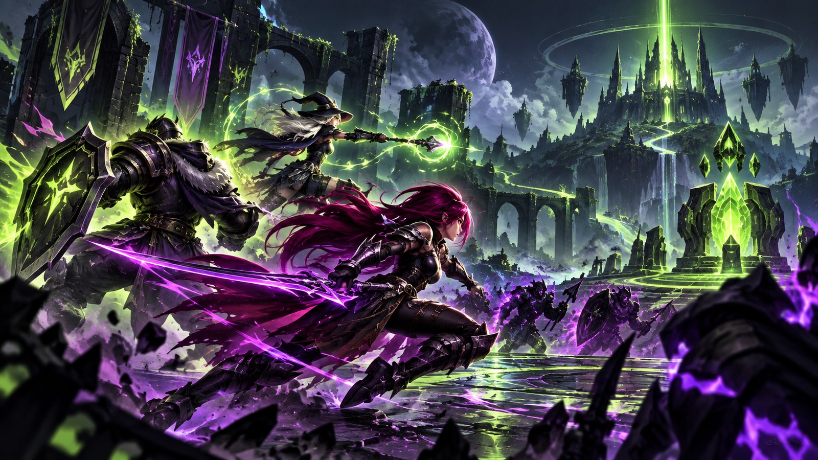 Original fantasy team battle artwork with glowing magic and a distant fortress