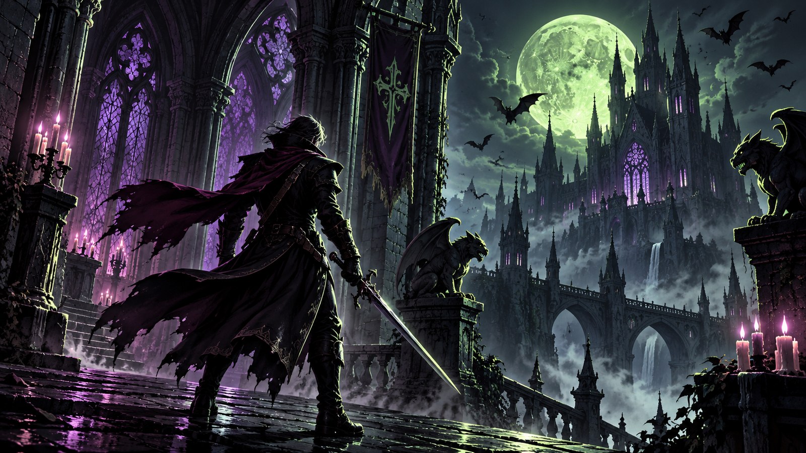 Original gothic fantasy artwork of a moonlit castle and lone adventurer